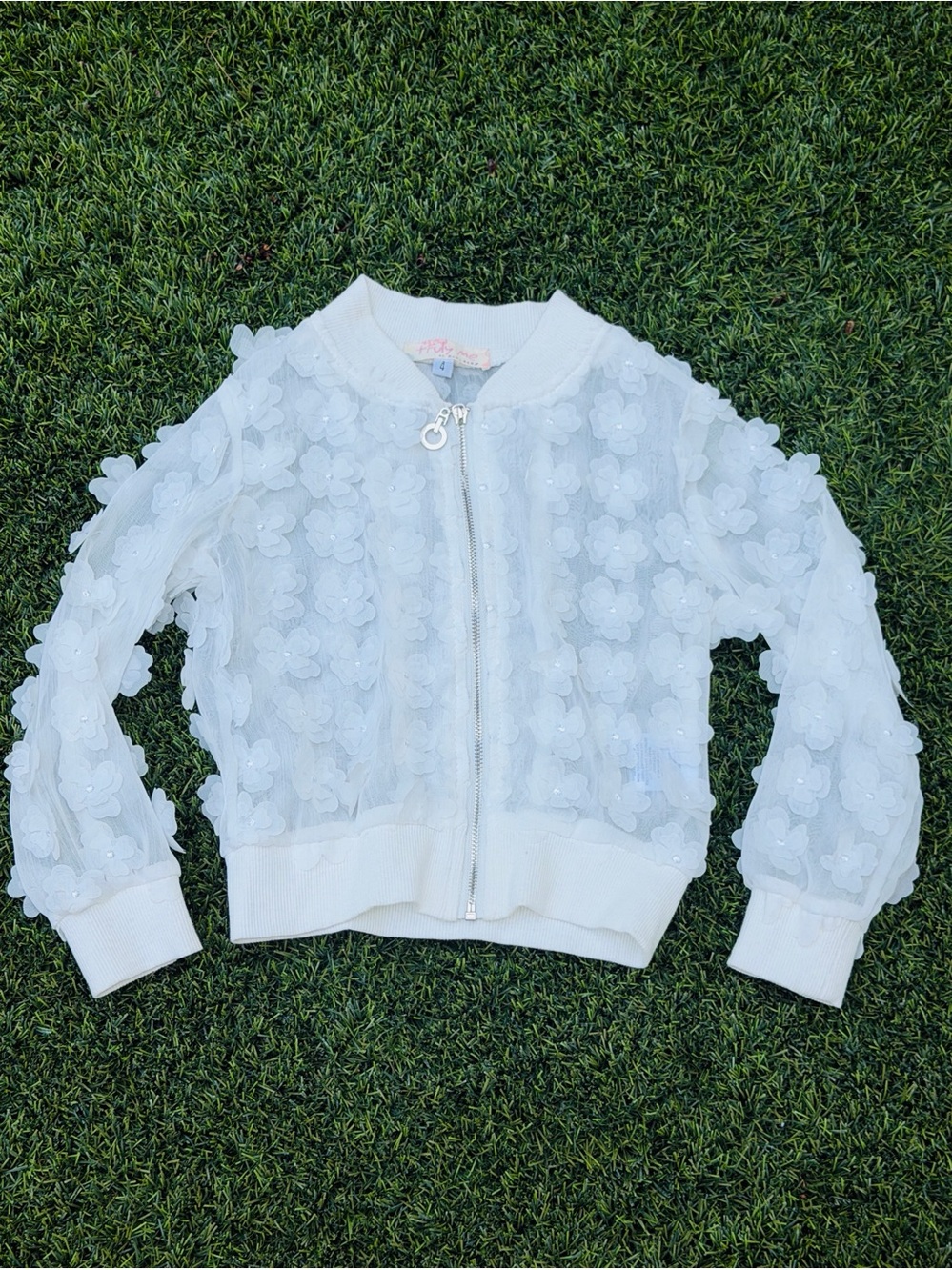 Truly Me White 3D Floral Applique Bomber Jacket
